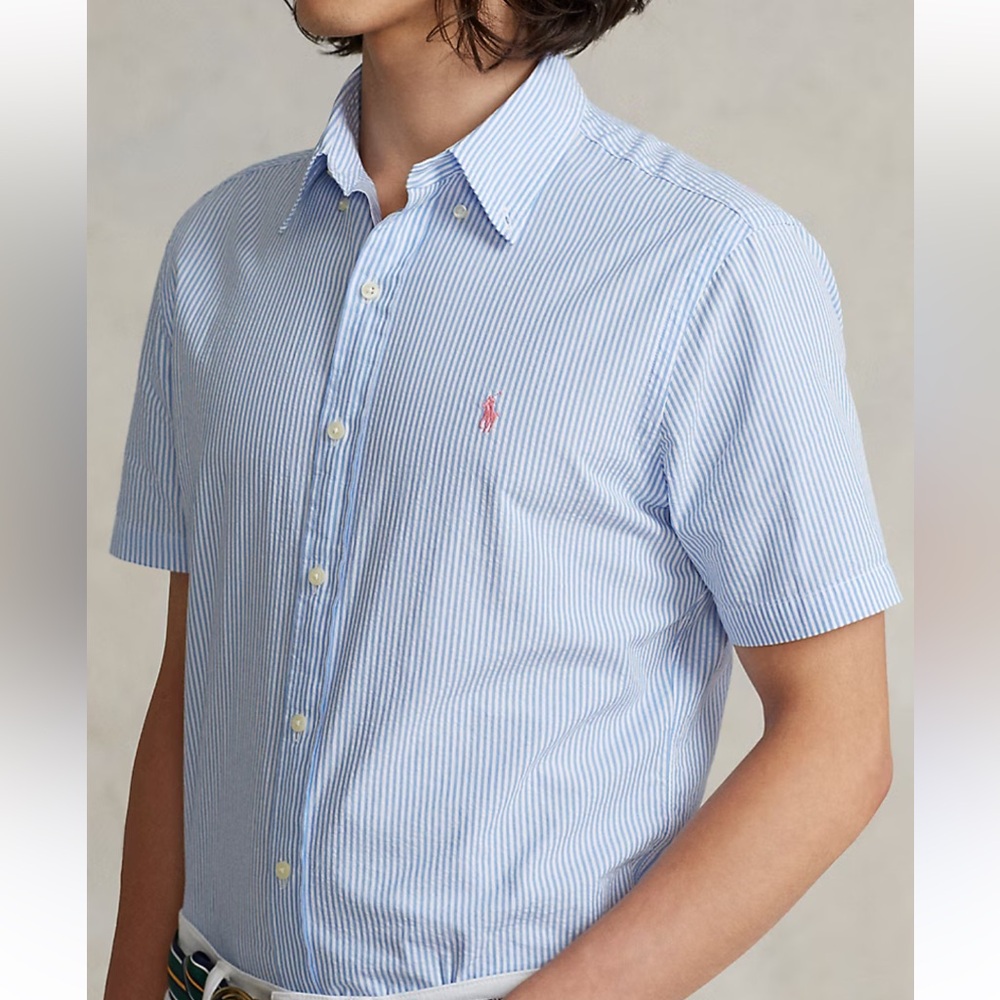 Ralph Lauren Custom Fit Striped Seersucker Shirt short sleeve blue white LARGE